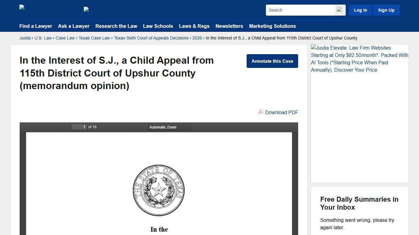 In the Interest of S.J., a Child Appeal from 115th District Court of Upshur County :: 2026 :: Texas Sixth Court of Appeals Decisions :: Texas Case Law :: Texas Law :: U.S. Law :: Justia